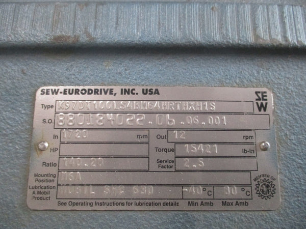 SEW-EURODRIVE K97DT100LS4BMG4HRTHXH1S 230/460V 8.6/4.3A NSNP