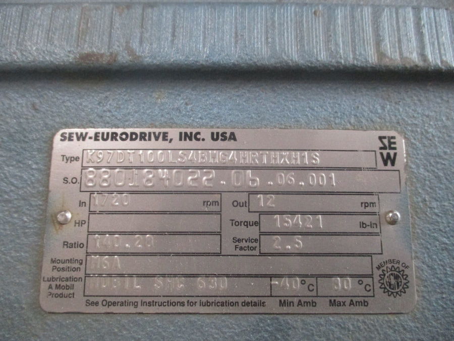 SEW-EURODRIVE K97DT100LS4BMG4HRTHXH1S 230/460V 8.6/4.3A NSNP