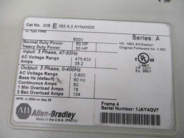 ALLEN BRADLEY 20BE062A0AYNAND0 SER. A F/W 3.003 475-632VAC 58.2A UNMP