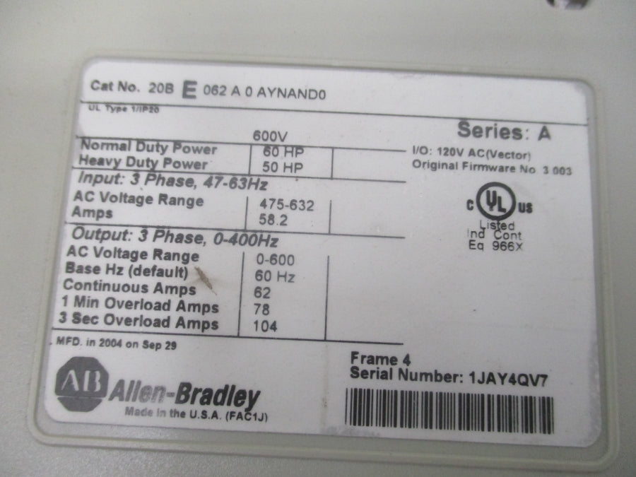 ALLEN BRADLEY 20BE062A0AYNAND0 SER. A F/W 3.003 475-632VAC 58.2A UNMP