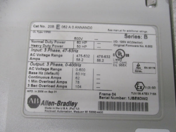 ALLEN BRADLEY 20BE062A0ANNAND0 SER. B F/W 6.002 475-632VAC 58.2A UNMP