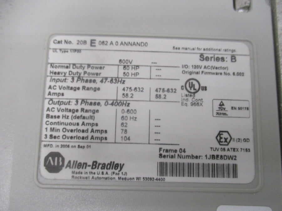 ALLEN BRADLEY 20BE062A0ANNAND0 SER. B F/W 6.002 475-632VAC 58.2A UNMP