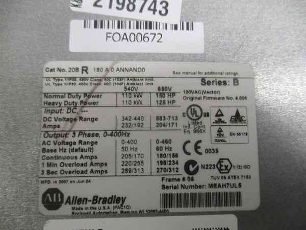 ALLEN BRADLEY 20BR180A0ANNAND0 SER. B F/W 4.006 342-440VDC 232/192A NSNP