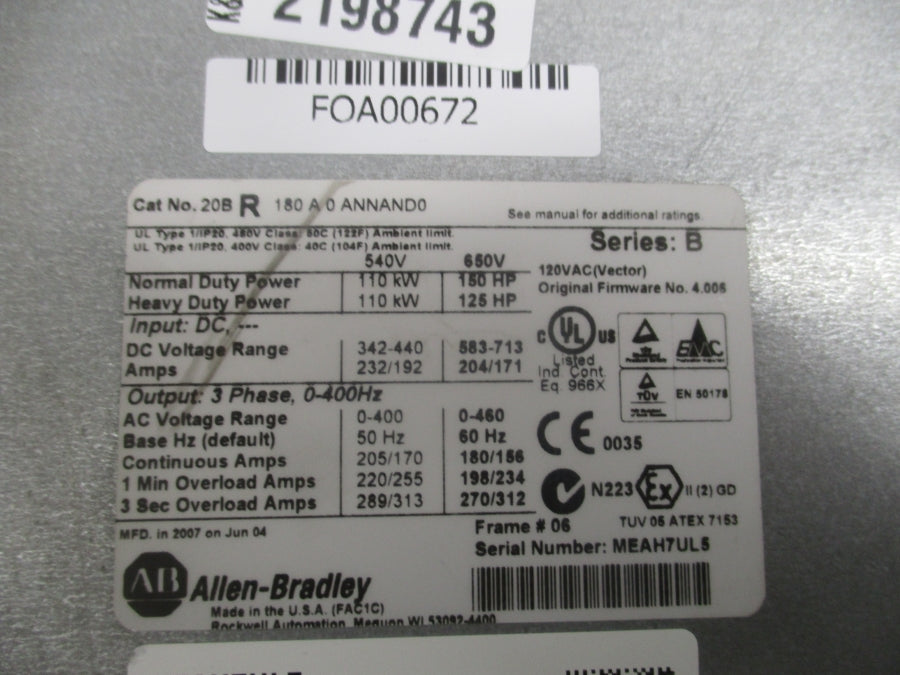 ALLEN BRADLEY 20BR180A0ANNAND0 SER. B F/W 4.006 342-440VDC 232/192A NSNP