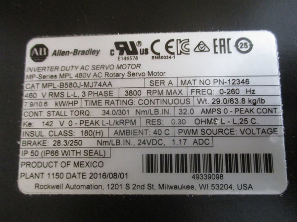 ALLEN BRADLEY MPL-B580J-MJ74AA SER. A 460V 32.0A NSMP