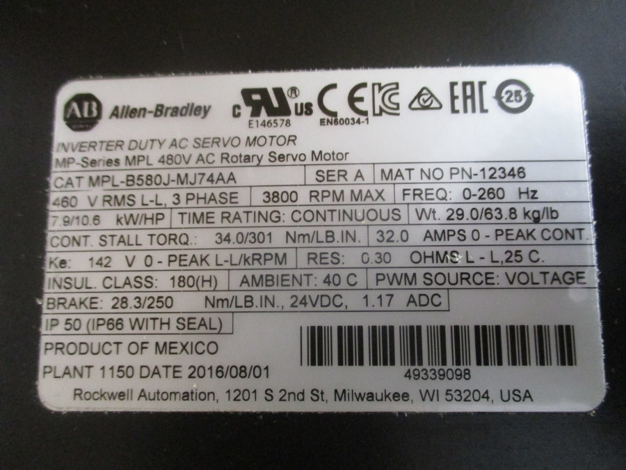 ALLEN BRADLEY MPL-B580J-MJ74AA SER. A 460V 32.0A NSMP