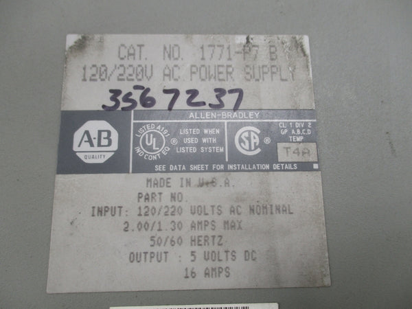 ALLEN BRADLEY 1771-P7 SER. B 120/220VAC 2.00/1.30A NSNP