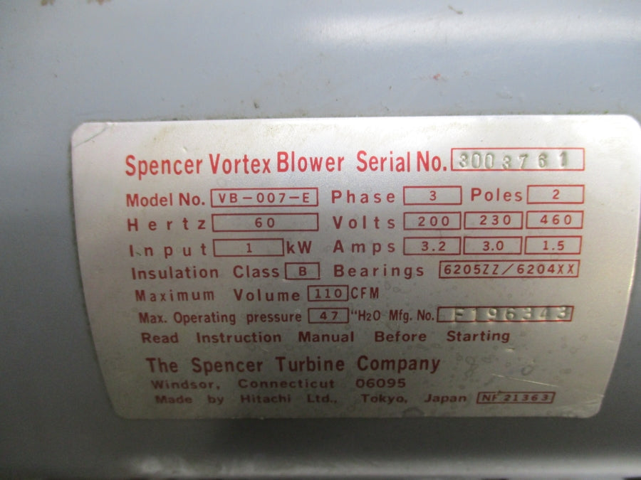 SPENCER VORTEX BLOWER VB-007-E 460V 1.5A (AS PICTURED) UNMP