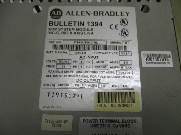ALLEN BRADLEY 1394-SJT05-C-RL SER. B F/W V3.9A 380/460V 6.5A (AS PICTURED) REMAN