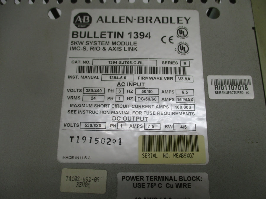 ALLEN BRADLEY 1394-SJT05-C-RL SER. B F/W V3.9A 380/460V 6.5A (AS PICTURED) REMAN
