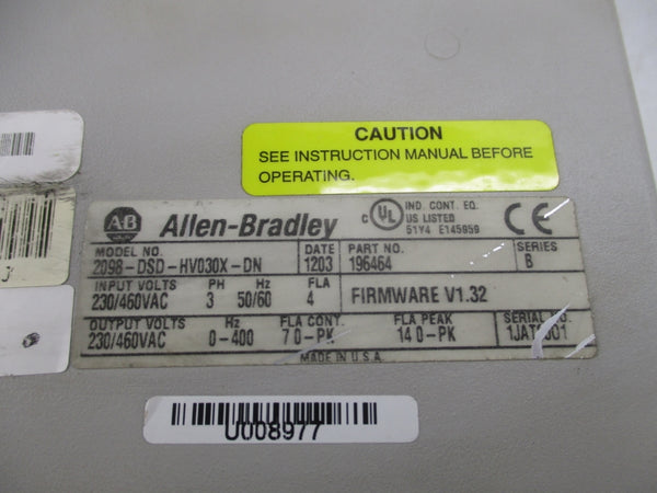 ALLEN BRADLEY 2098-DSD-HV030X-DN 196464 SER. B F/W V1.32 230/460VAC UNMP