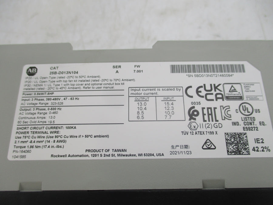 ALLEN BRADLEY 25B-D013N104 SER. A F/W 7.001 380-480VAC 15.4A NSMP
