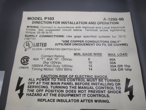 PARAGON ELECTRIC P103 A1292-00 120V NSMP