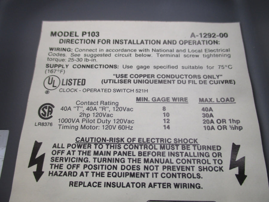 PARAGON ELECTRIC P103 A1292-00 120V NSMP