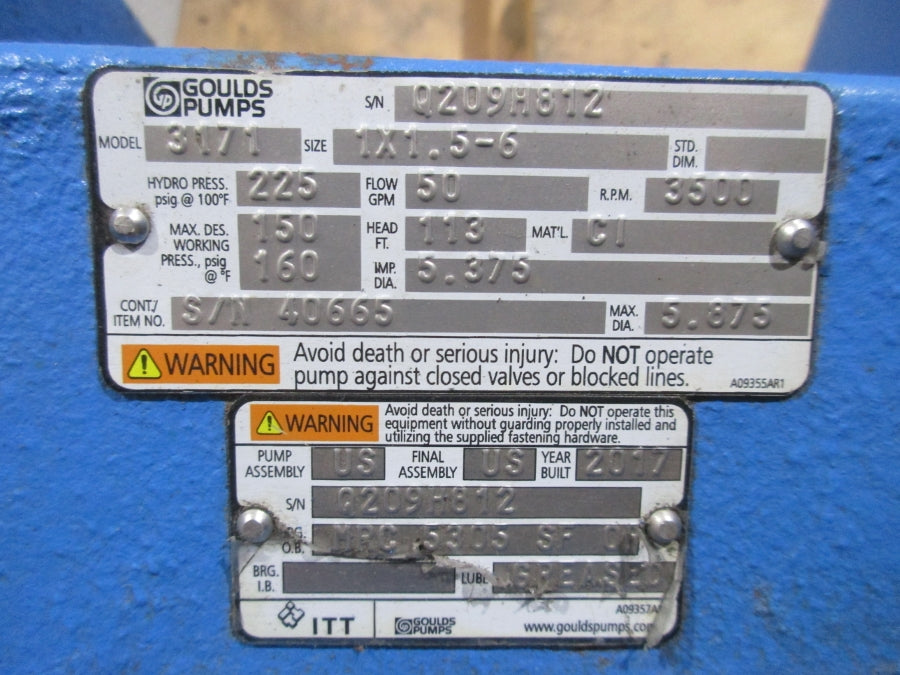 GOULDS PUMPS 3171 208-230/460V 13.1-11.8/5.90A 225PSI 1X1.5-6 NSNP