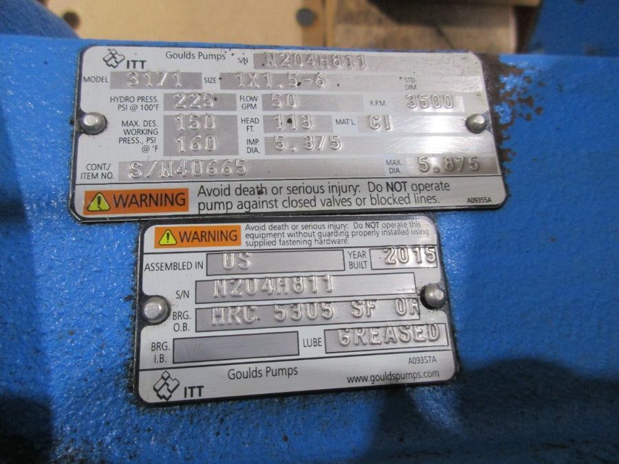 GOULDS PUMPS 40665 CLASS MMPUMZZ 3171 208-230/460V 13.1-11.8/5.90A 225PSI 1X1.5-6 NSNP