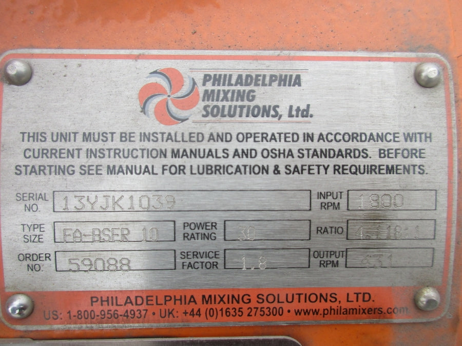 PHILADELPHIA MIXING SOLUTIONS FA-BSER10 SIZE: 10  HP:  30  431 RPM 230/460V 72.2/36.1A NSNP