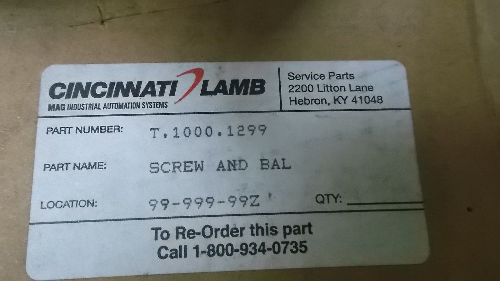 CINCINNATI LAMB T.1000.1299 SCREW AND BALL NSMP