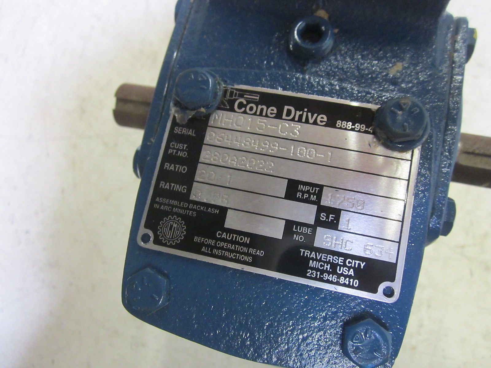 CONE DRIVE MH015-C3 RATIO 20:1 1750 RPM FRAME SPEED REDUCER GEAR BOX  UNMP