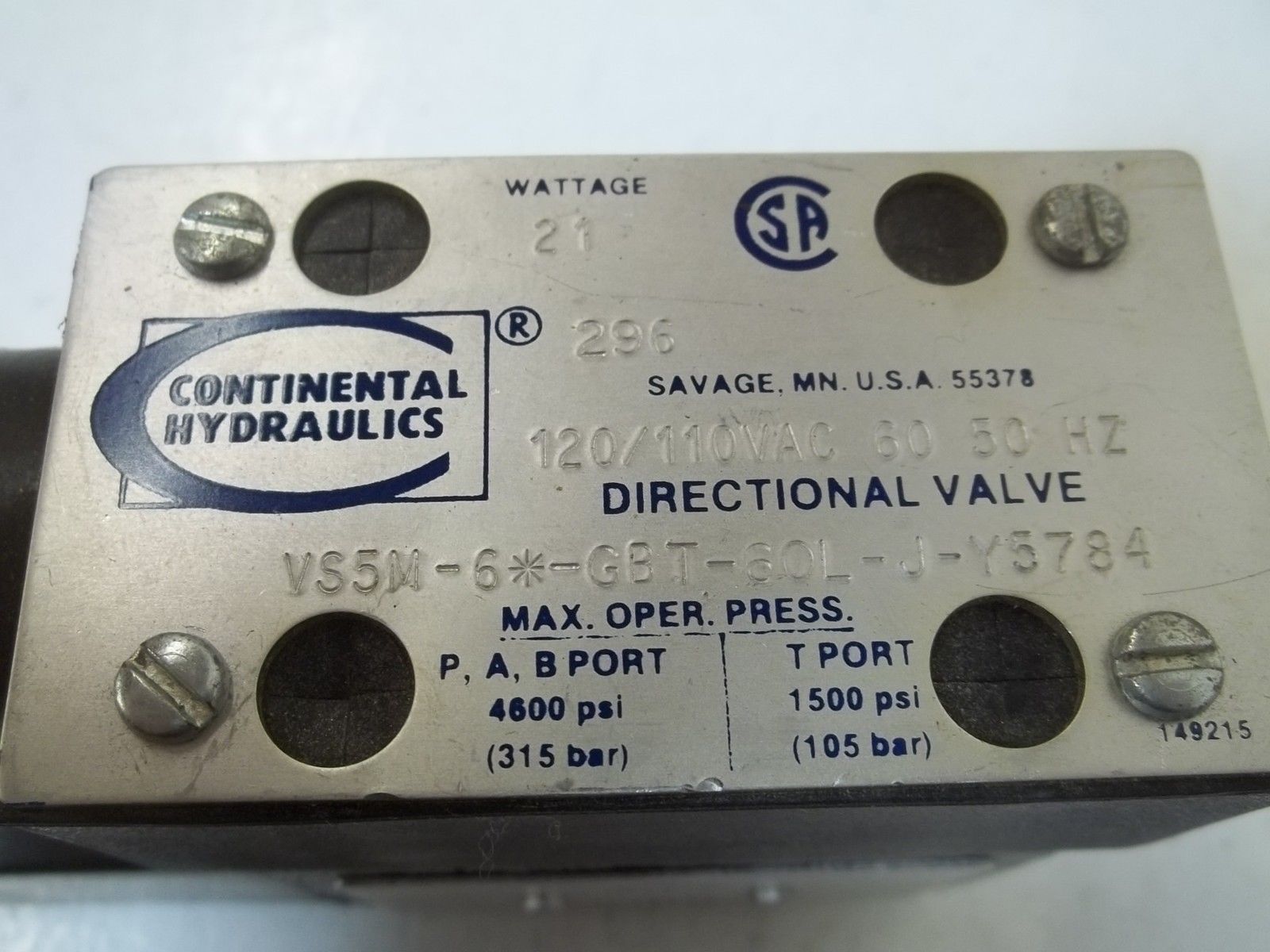 CONTINENTAL HYDRAULIC VS5M-6-GBT-60L-J-Y5784  DIRECTIONAL VALVE UNMP