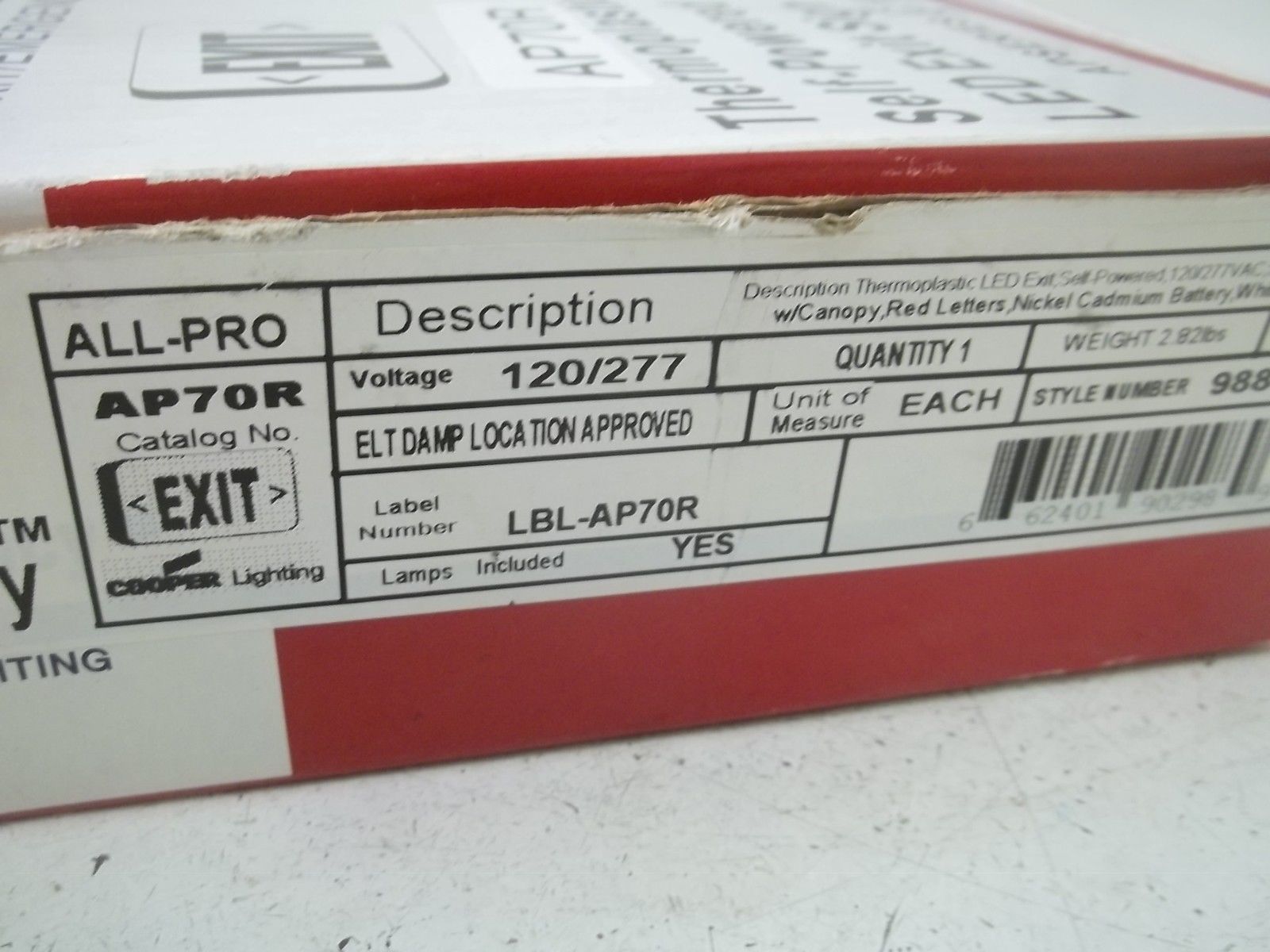 COOPER AP70R EXIT SIGN 120/277V (AS PICTURED) *NEW IN BOX*