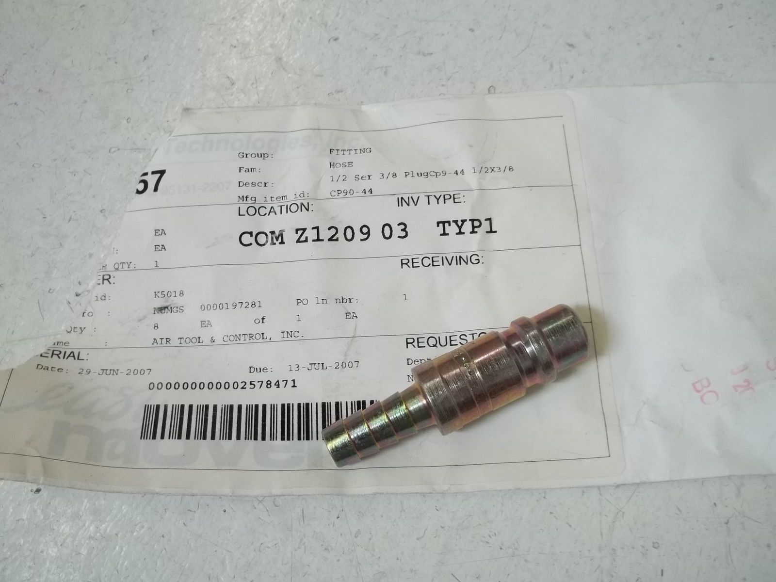 CP90-44 FITTING HOSE 1/2" SER3/8" PLUG NSNP