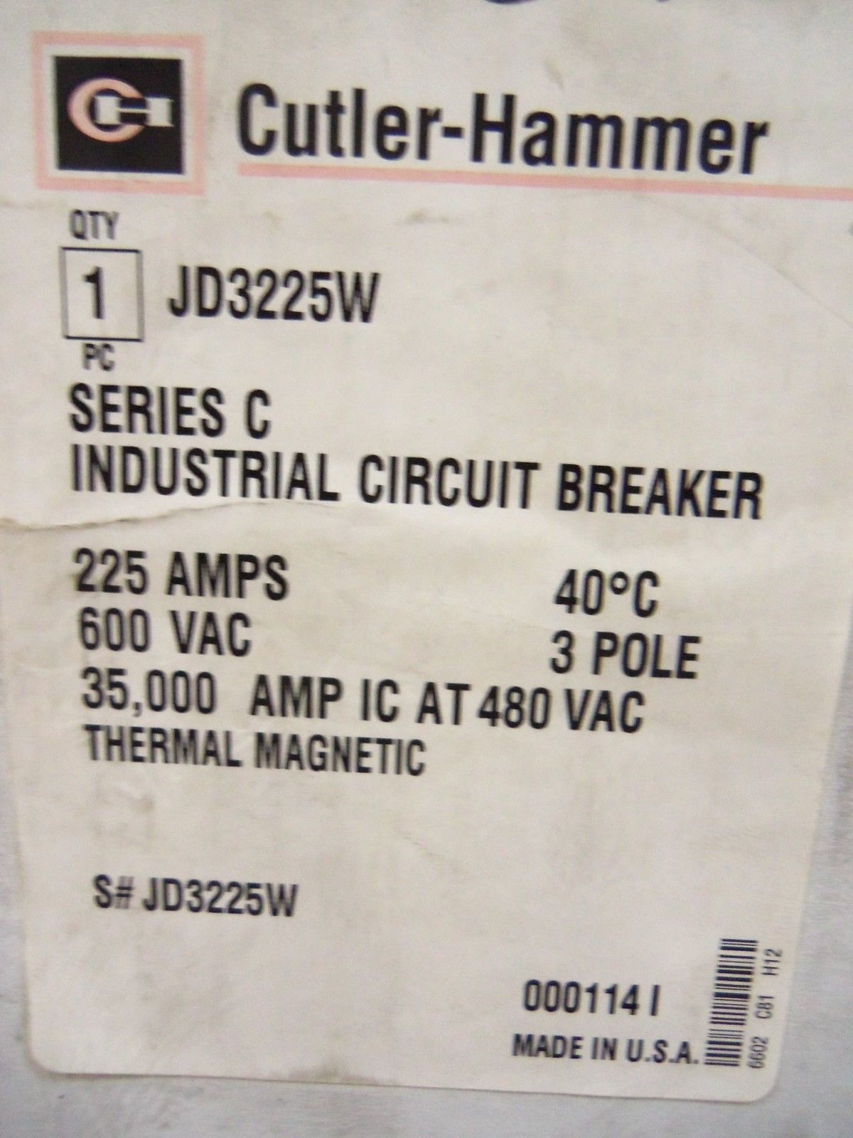 CUTLER HAMMER JD3225W CIRCUIT BREAKER 225A NSMP