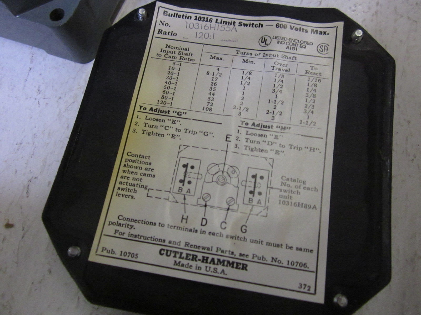 CUTLER HAMMER 10316H155A LIMIT SWITCH UNMP