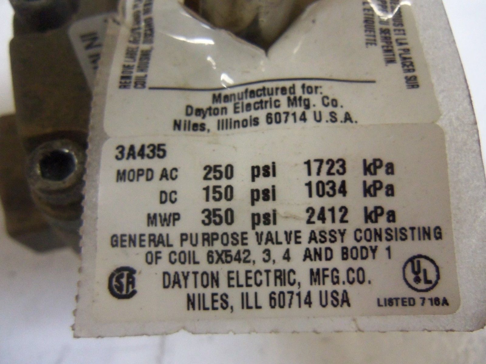 DAYTON 3A435 SOLENOID VALVE BODY NSNP