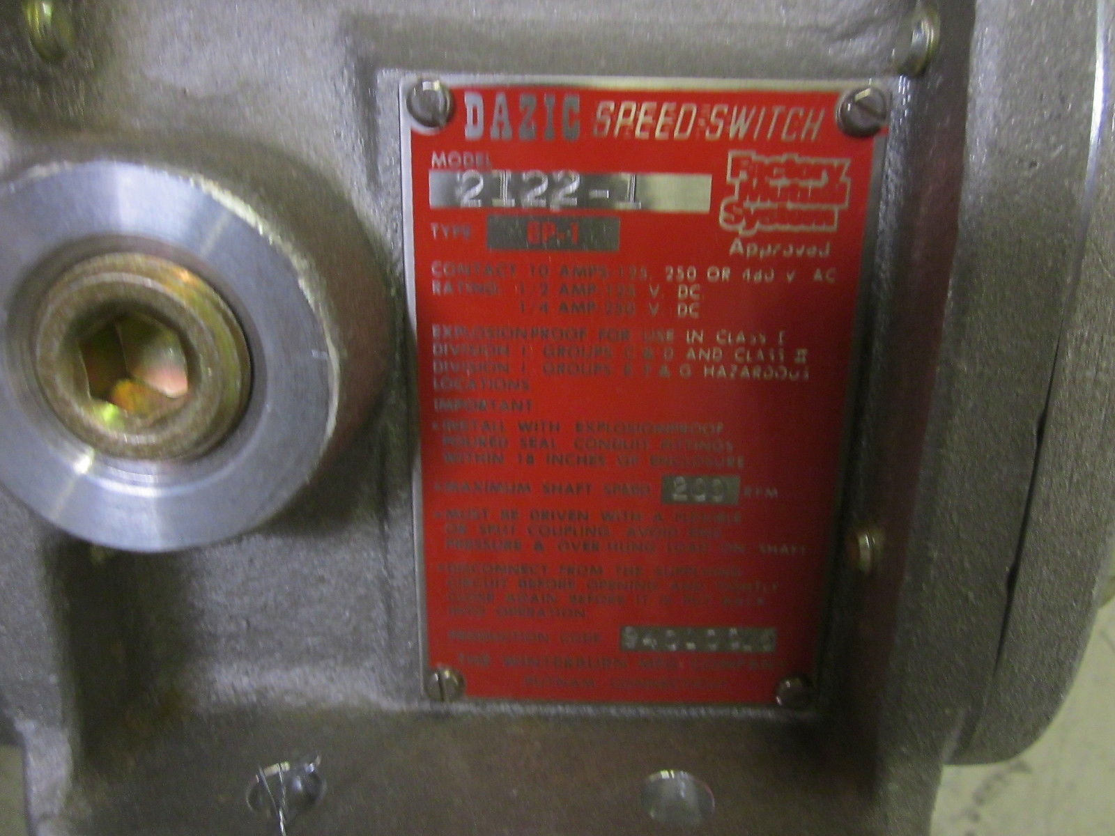 DAZIC CONTROLS CORP. 2122-1 SPEED SWITCH UNMP