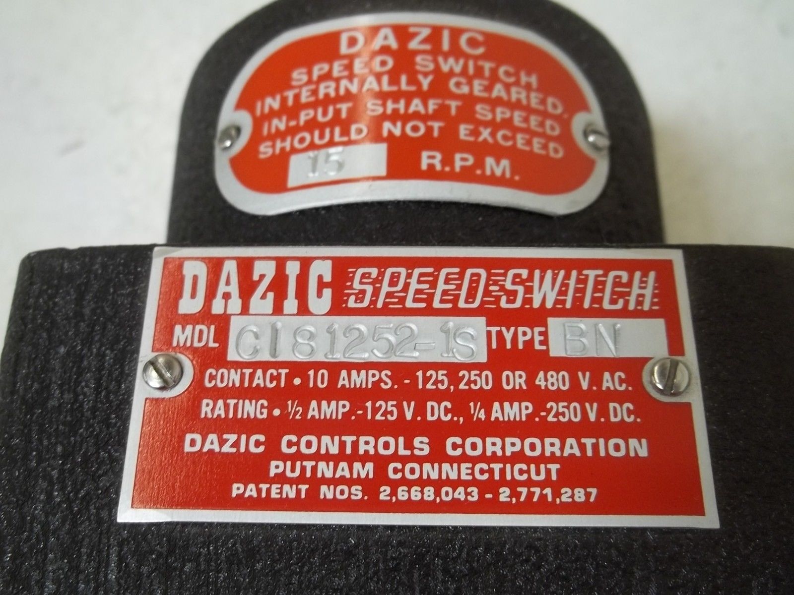 DAZIC CONTROLS CORP. CI81252-1S SPEED SWITCH NSNP