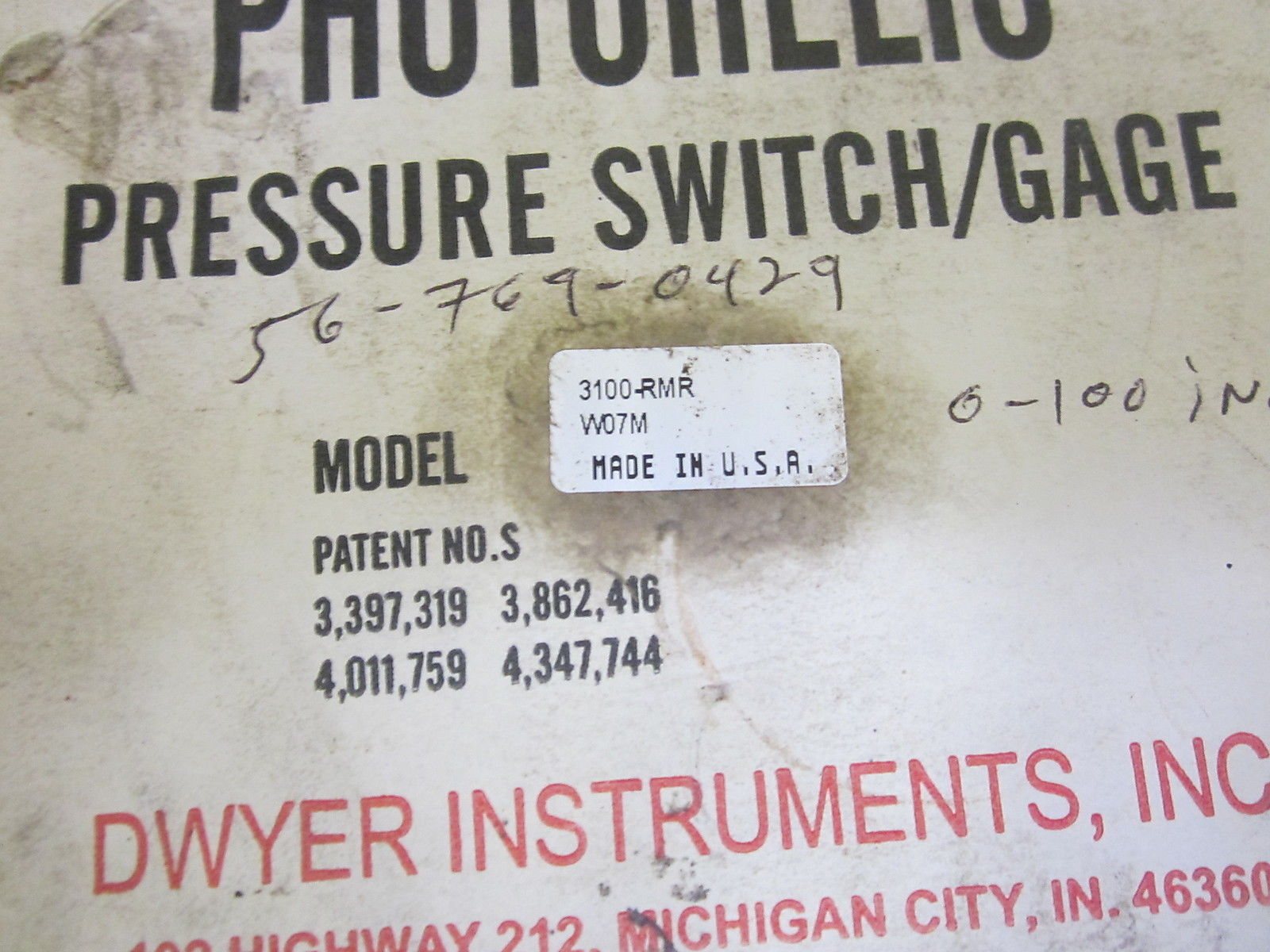 DWYER 3100-RMR  0-100 IN. NSMP