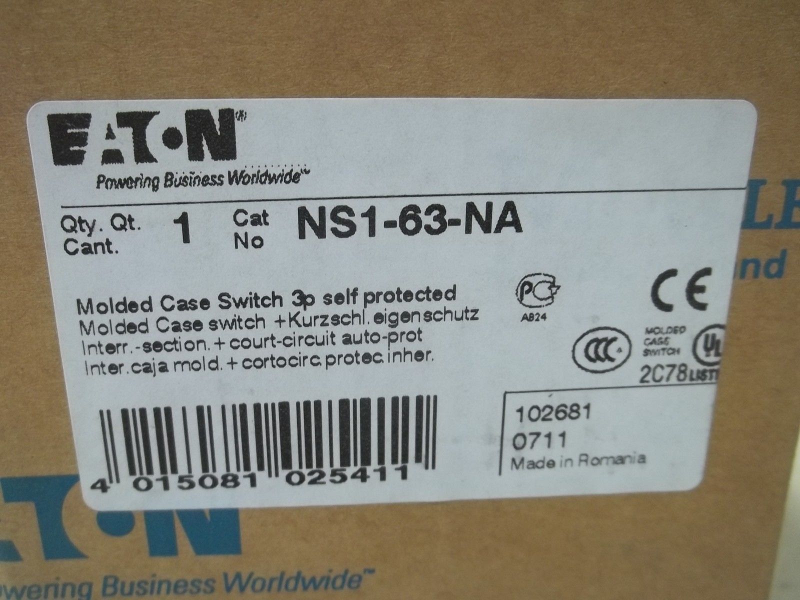 EATON NS1-63-NA MOLDED CASE SWITCH 3P SELF PROTECTED *NEW IN BOX*