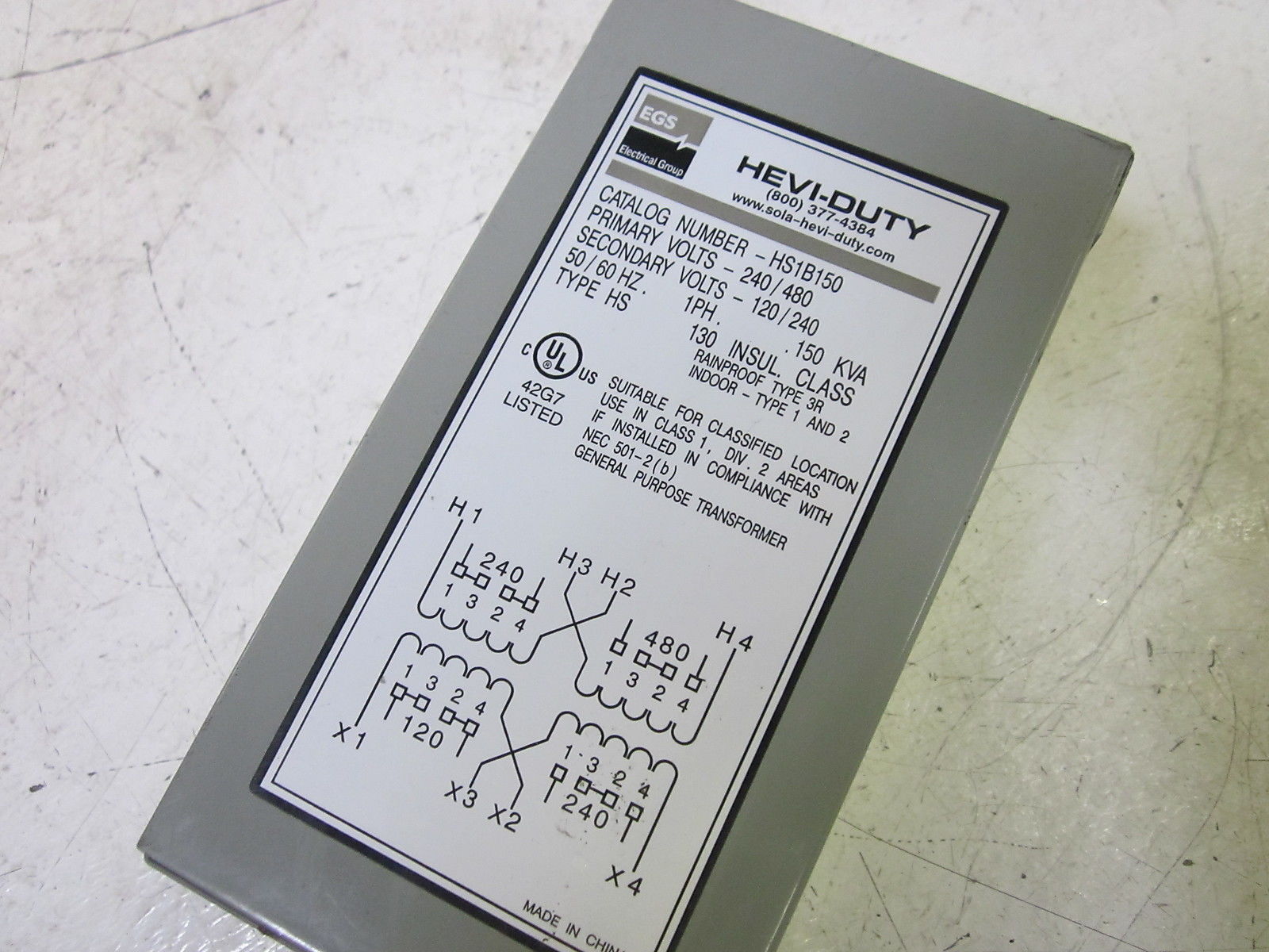 EGS SOLA HEVI-DUTY HS1B150 TRANSFORMER 240/480V UNMP