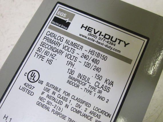 EGS SOLA HEVI-DUTY HS1B150 TRANSFORMER 240/480V *USED*