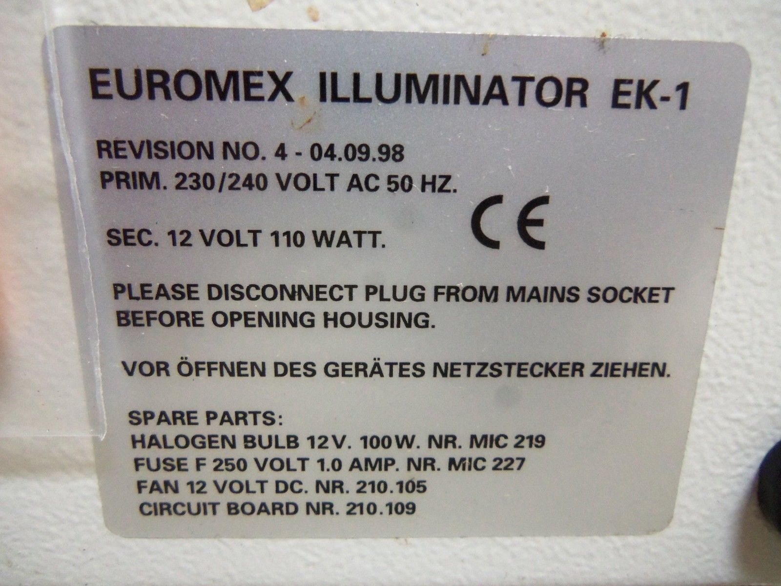 EUROMEX EK-1 OPTIC LIGHT SOURCE NSNP
