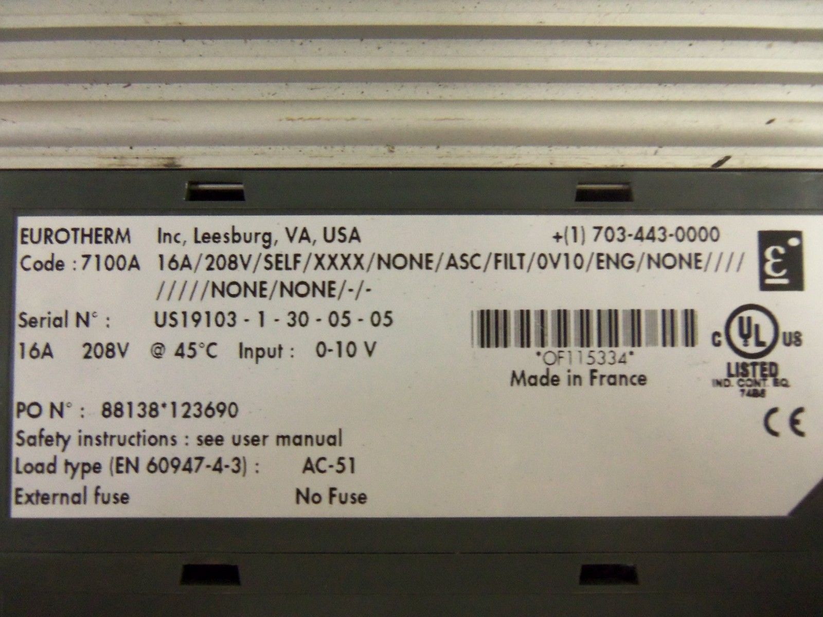 EUROTHERM 7100A 16A/208V/SELF/XXXX/NONE/ASC/FILT/0V10/ENG/NONE/////////NONE/NONE