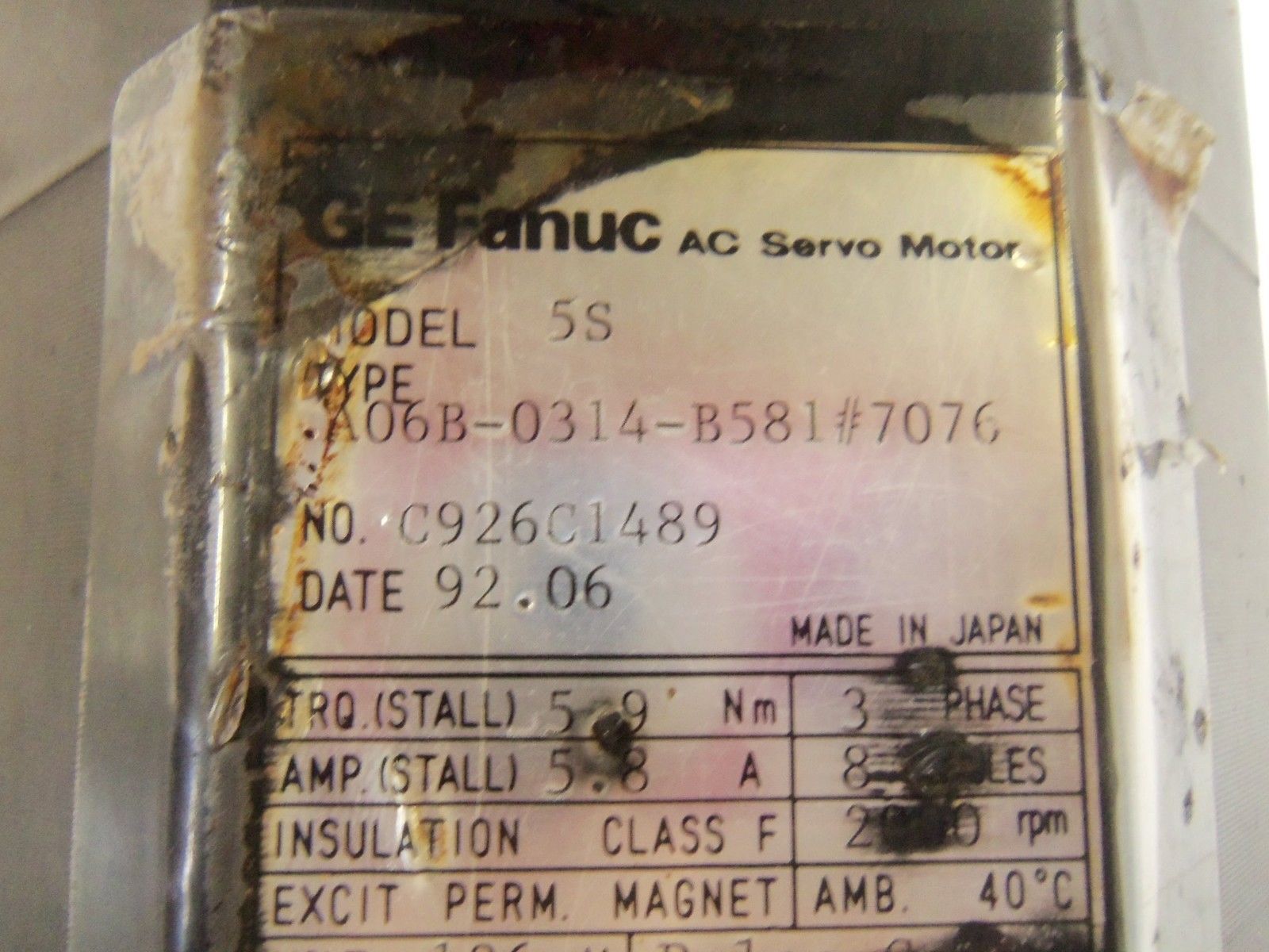 FANUC A06B-0314-B581#7076 AC MOTOR UNMP