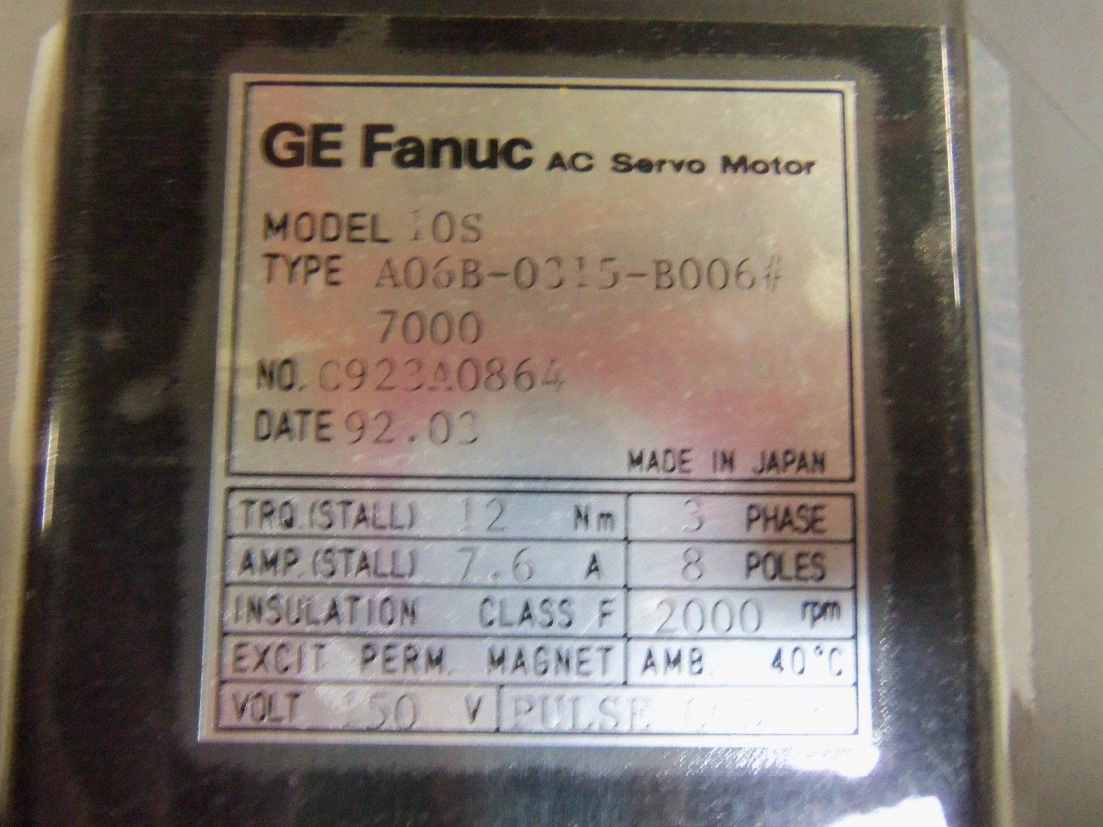 FANUC A06B-0315-B006#7000 SERVO MOTOR UNMP