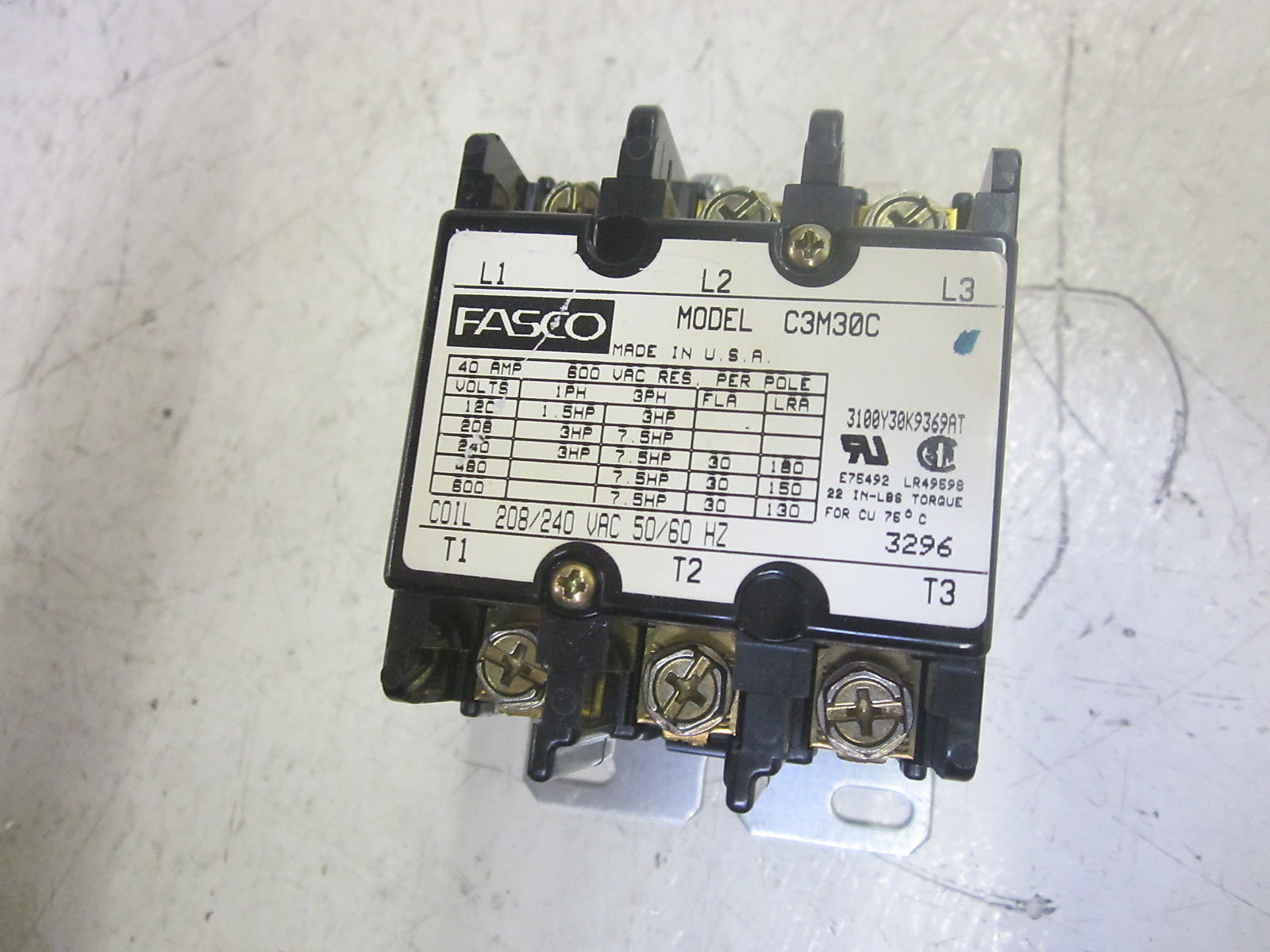FASCO C3M30C MAGNETIC CONTACTOR 208/240VAC NSMP