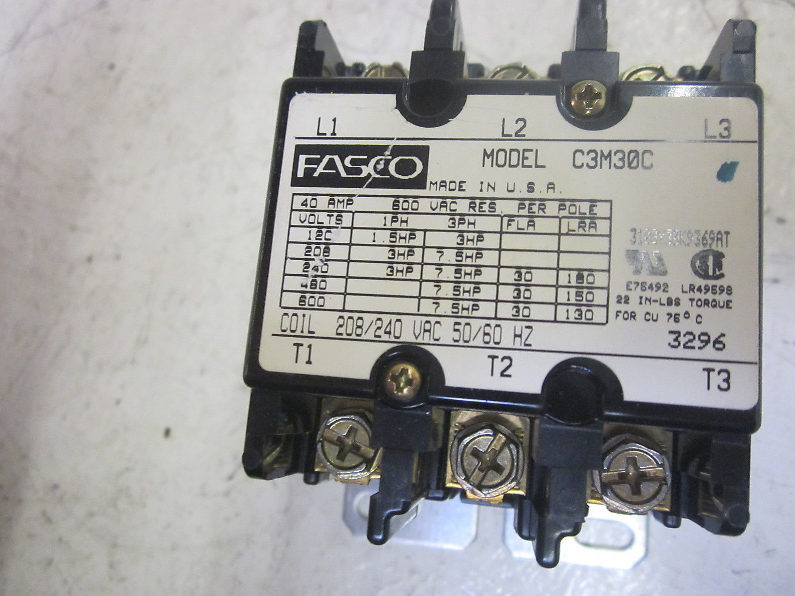 FASCO C3M30C MAGNETIC CONTACTOR 208/240VAC NSMP
