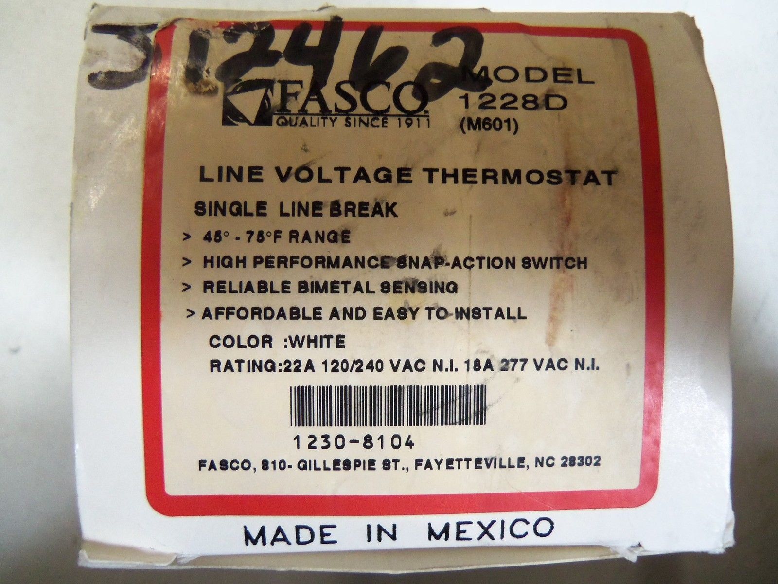 FASCO LINE VOLTAGE THERMOSTAT 1228D *NEW IN BOX*