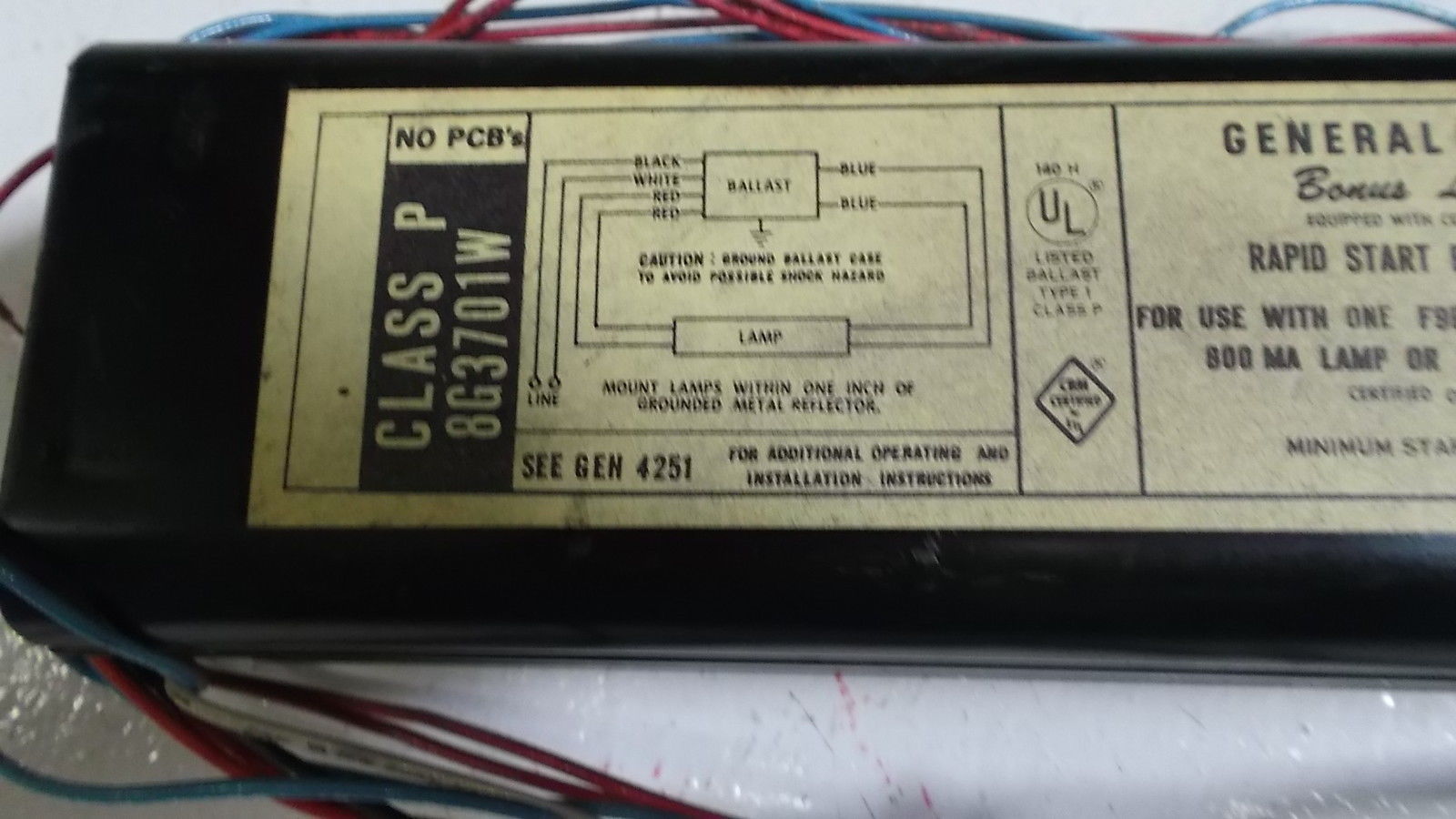 GENERAL ELECTRIC RAPID START BALLAST 8G3701W UNMP