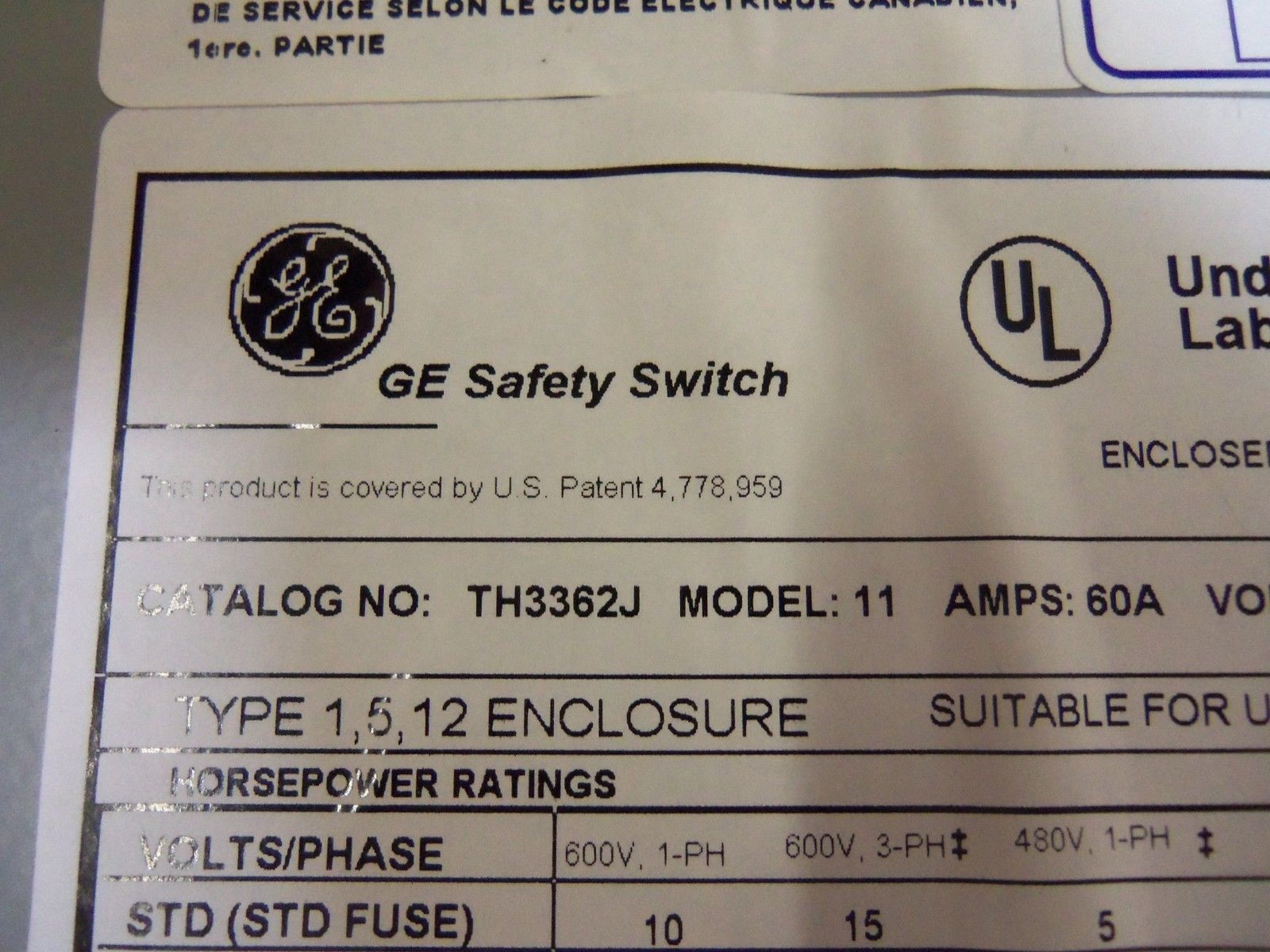 GENERAL ELECTRIC TH3362J SAFETY SWITCH NSMP