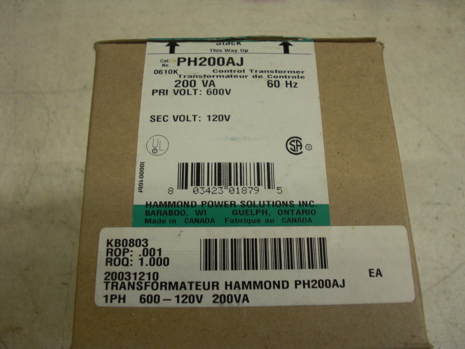 HAMMOND PH200AJ CONTROL TRANSFORMER NSNP IN THE BOX