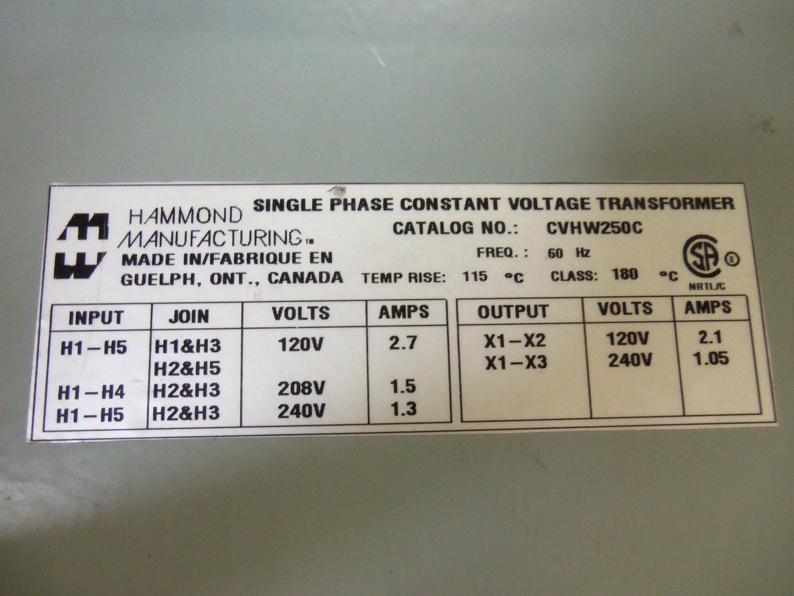 HAMMOND CVHW250C TRANSFORMER UNMP