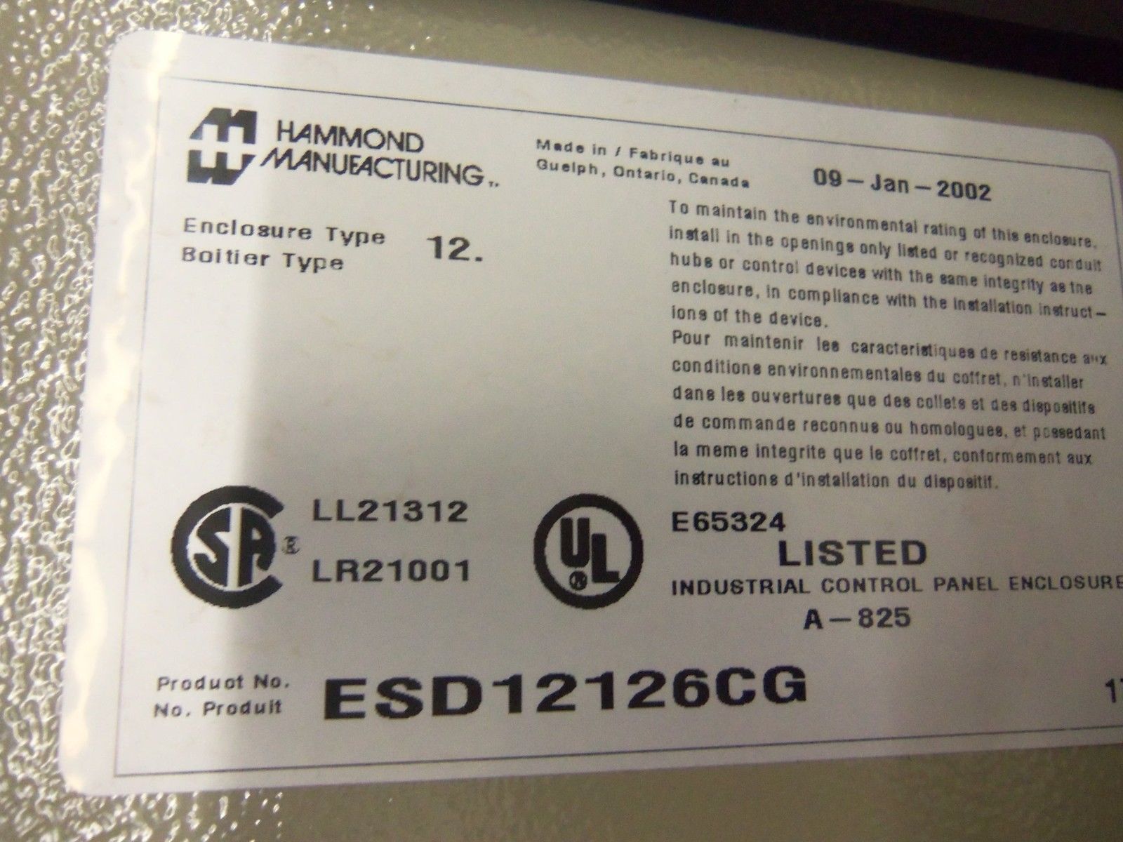 HAMMOND ESD12126CG ENCLOSURE 12X12X6 NSMP