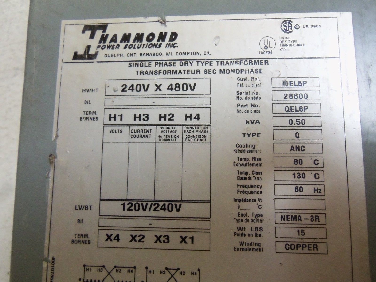 HAMMOND QEL6P TRANSFORMER UNMP