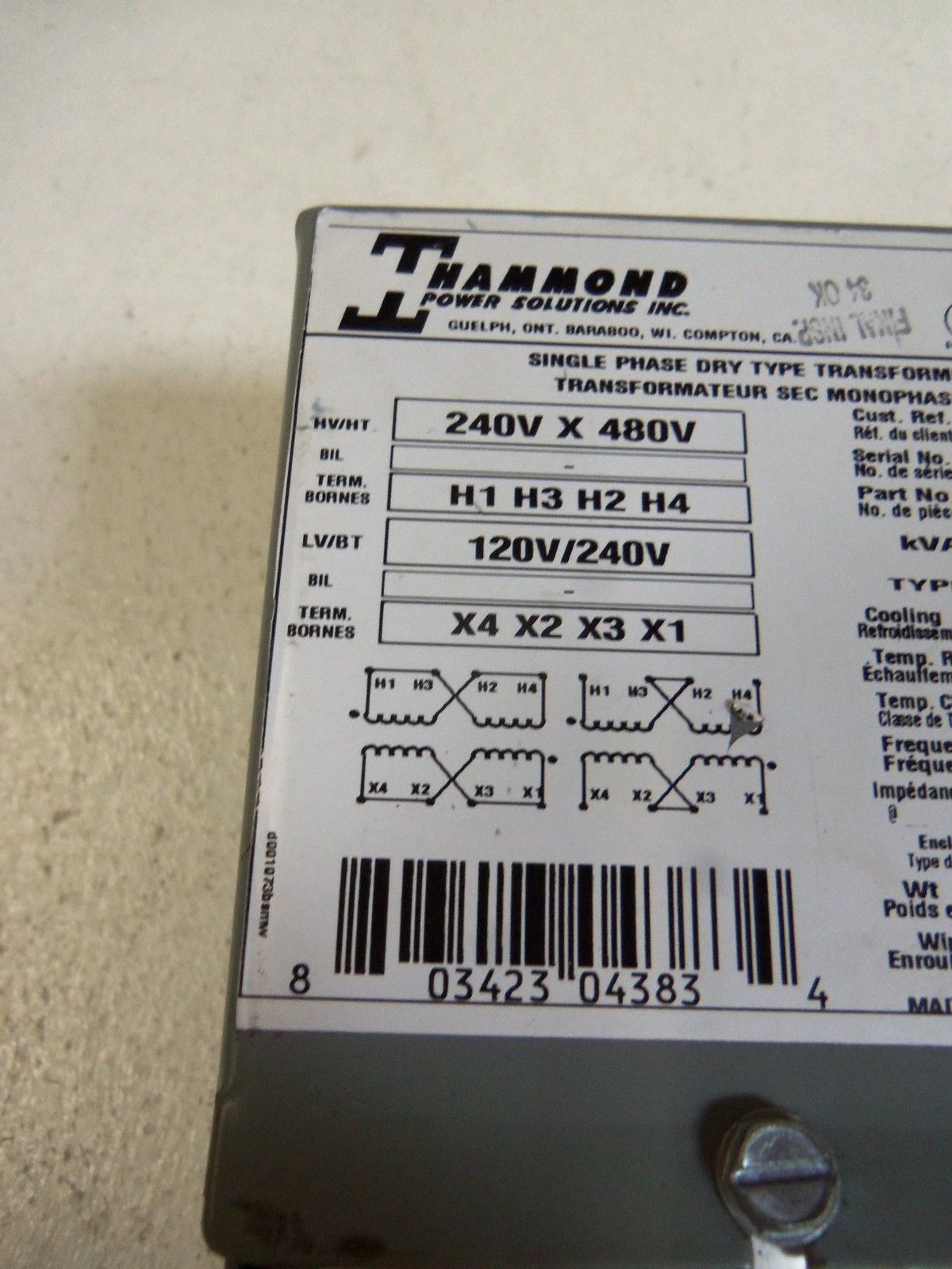 HAMMOND SINGLE PHASE DRY TRANSFORMER QEG6P UNMP