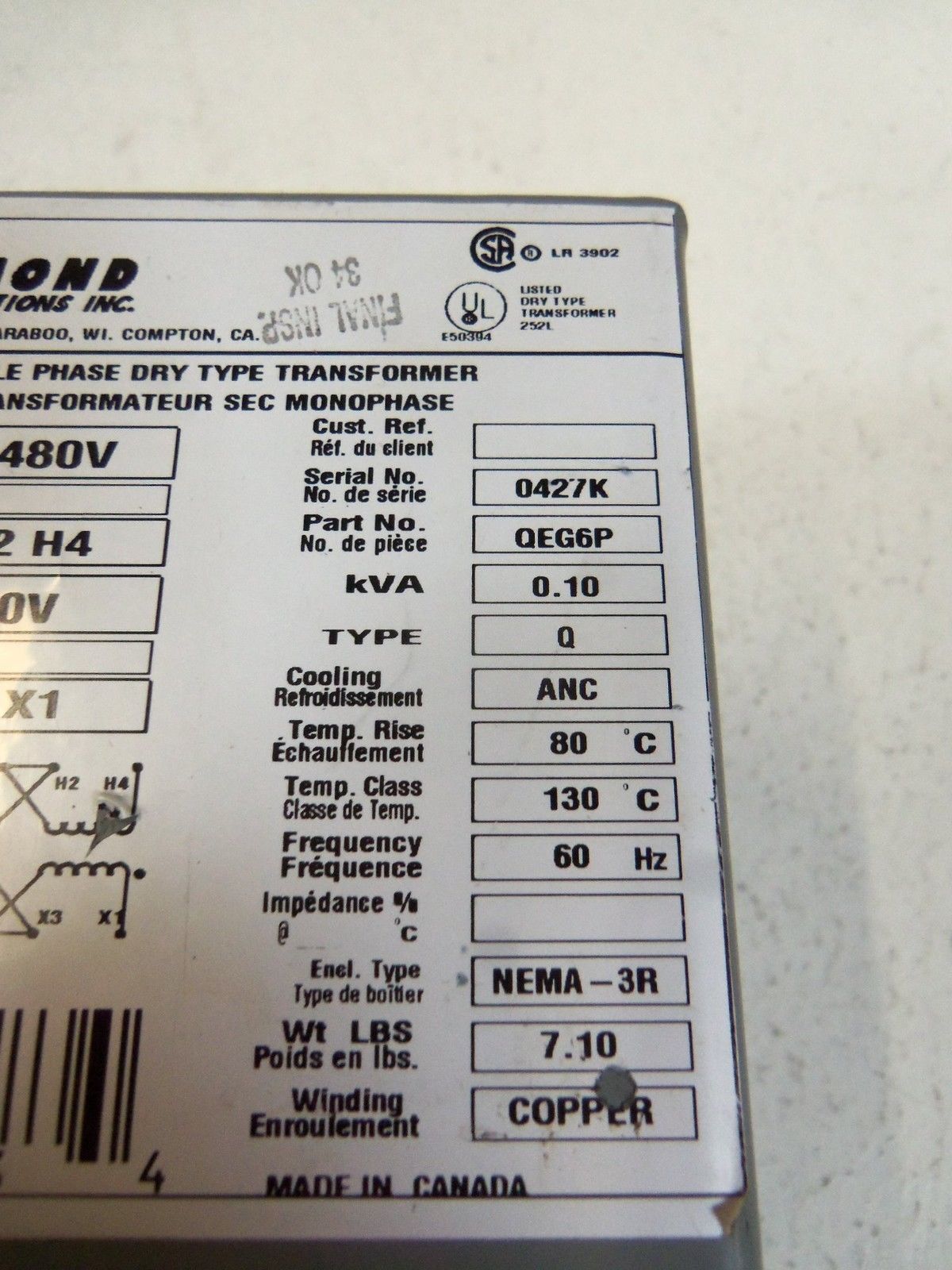 HAMMOND SINGLE PHASE DRY TRANSFORMER QEG6P UNMP